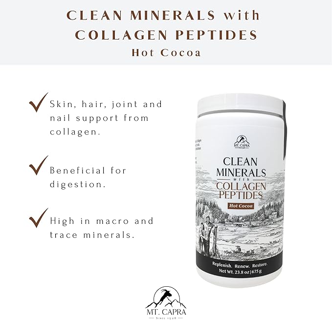 Mt. Capra Clean Minerals with Collagen Peptides | Healthy Hot Cocoa with Minerals from Goat Milk Whey and Grass-Fed Type I and III Collagen Peptides for 10 g Protein | 16 Servings - 23.8 oz