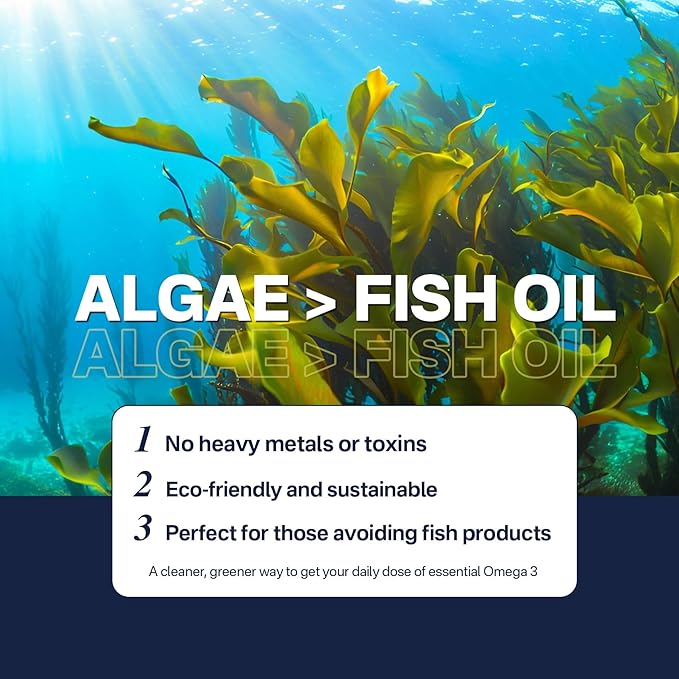 Fish Oil Alternative 1200mg, Omega-3 Supplement for Women Men, Vegan Algae Oil Science Backed 2:1 Ratio DHA 720mg EPA 360mg, Plant Based Omega-3 Softgels for Brain Eye Immunity, No Fish Taste, 120Cts