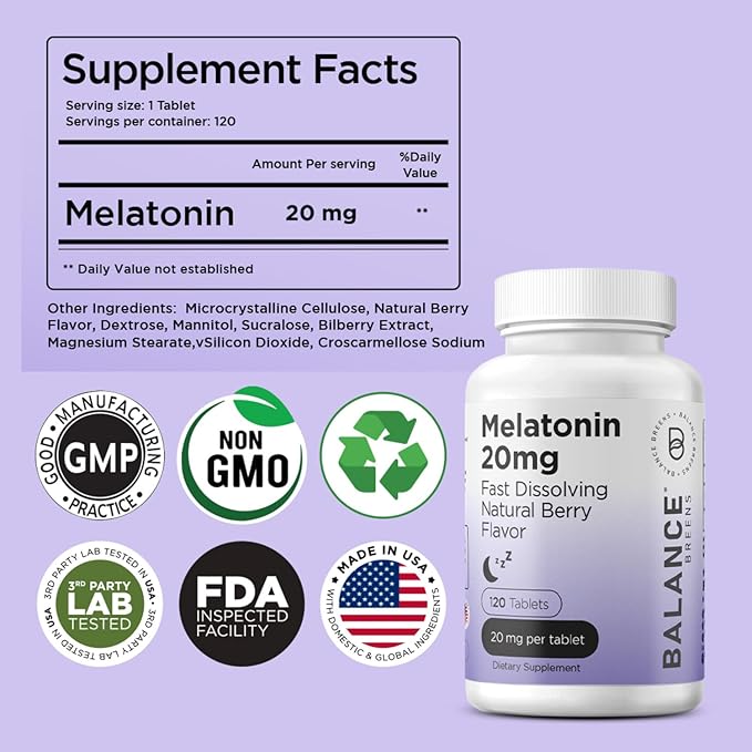 Balancebreens Melatonin 20mg Fast-Dissolve, 120 Tablets – Natural Sleep Aid for Restful Nights, Drug-Free Support for Relaxation and Tranquility