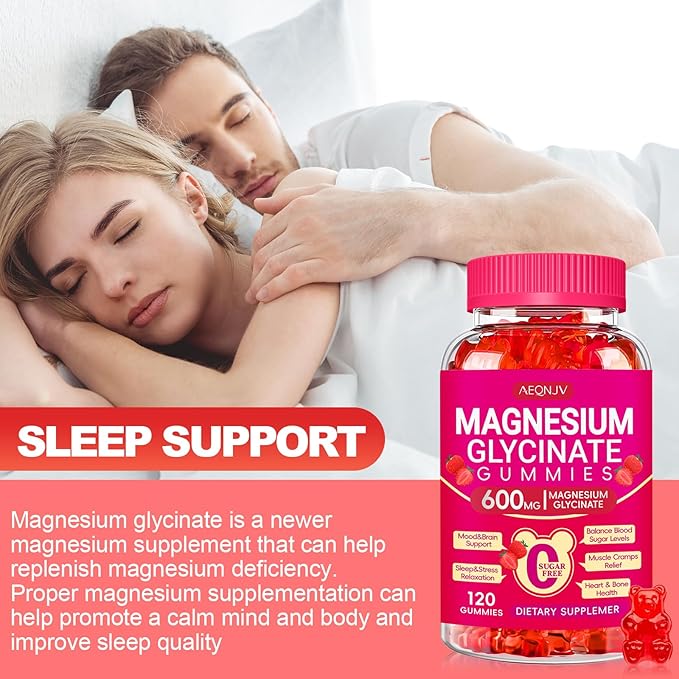 Magnesium Glycinate Gummies 600mg, Chewable Sugar Free Gummies with Magnesium Glycinate, Vitamin D, B6 and CoQ10 for Sleep, Relaxation, Brain and Muscle, 2 Pack