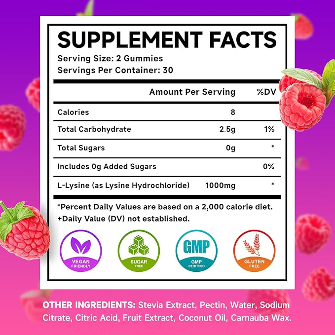2 Pack L-Lysine 1000mg Gummies, Lysine Supplement for Adults & Kids, Essential Amino Acid for Lips & Oral Health, Boost Immune & Collagen & Calcium, Sugar-Free, Raspberry Flavor, 120 Count