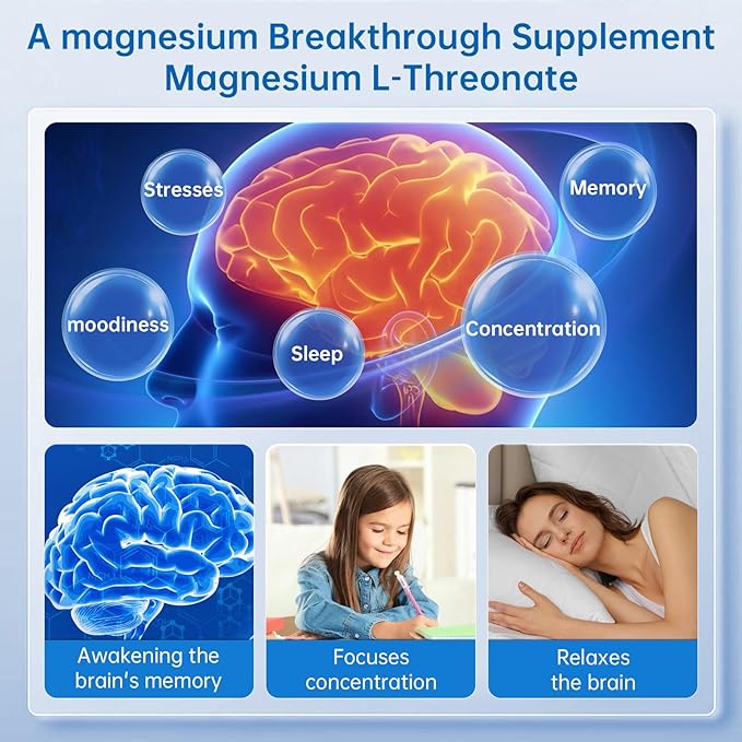Magnesium L-Threonate, Brain Supplements for Memory and Focus, Sleep and Anxiety for Kids & Adults (90 Capsules)