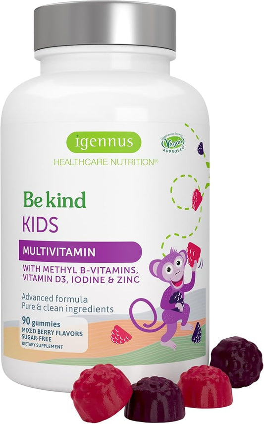 Igennus Methylated Kids Multivitamin Gummy, MTHFR Supplement with B-Vitamins & Vitamin D, No Artificial Sweeteners or Flavors, Sugar Free, Age 4+, 90 Berry Gummies, Non-GMO, Halal, Clean Label