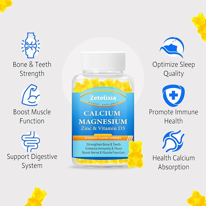 Calcium Magnesium Zinc Gummies for Adults & Kids,Sugar Free Calcium Citrate Supplement,High Absorption Magnesium Glycinate Gummies with Vitamin D3 & K2 - Bone & Muscle & Immune Health(60 Count)