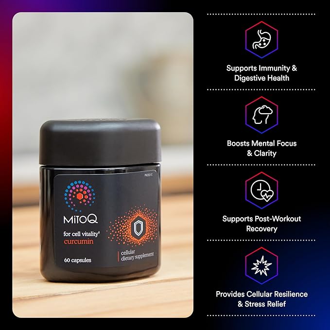 MitoQ Curcumin Advanced CoQ10 Antioxidant - Contains Mitoquinol Mesylate & Super Bioavailable Longvida Curcumin Turmeric - Supports Immunity, Digestive Health, & Cell Vitality (60 Capsules)