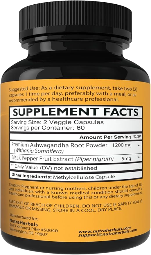 Ashwagandha Supplement Made with Premium Ashwaganda Root Powder 1200mg with Black Pepper Extract for Increased Absorption - 120 Vegi Capsules