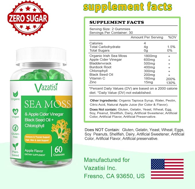 2 Pack Organic Irish Sea Moss Gummies with Black Seed Oil, Chlorophyll - Thyroid, Mood, Energy & Immune Support - Women & Men, Adult & Kid - 120 Vegan Gummies
