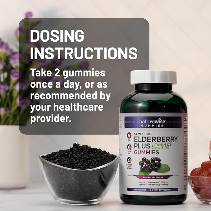 NatureWise Sambucus Elderberry Gummies - Immune Support Supplement for Kids Ages 4+ & Adults with Vitamin C, D3, Zinc - Elderberries Equivalent to 3520mg - Vegan, Non-GMO - 90 Count[45-Day Supply]