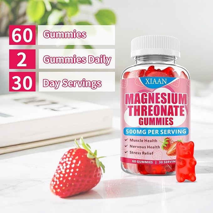 Magnesium L-Threonate Gummies 500mg, Suagr-Free Magnesium Threonate Supplement for Kids & Adults Muscle & Nervous Health Support, Strawberry Flavor 60 Count