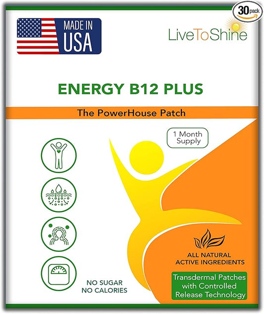 Live To Shine B12 Energy Plus Topical Patch - Energy and Focus Support for Women and Men - 30-Day Supply - USA Made