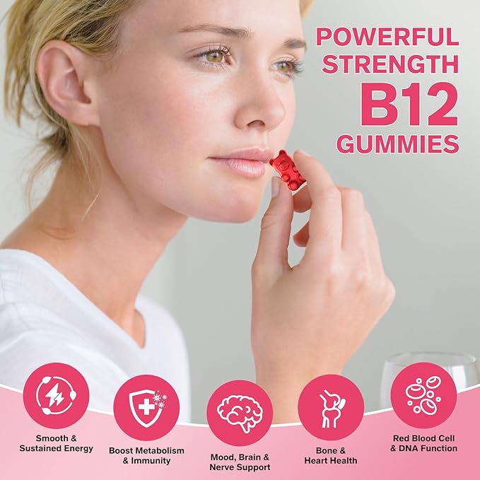 Vitamin B12 Gummies for Women & Men, 5000mcg Methyl B12 Gummies with Vitamin B6, D3, Iron, Folate for Adults, Supports Energy & Metabolism Boost, Mood, Immune & Nervous System, Sugar Free Strawberry
