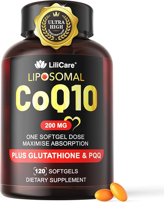 Liposomal CoQ10 200mg Softgels, Co-Q10 400mg per 2 Softgels | Plus Glutathione, PQQ | Vegan Coenzyme Q10 Supplement, Naturally Fermented, Cellular Energy & Antioxidant Support, 120 Counts