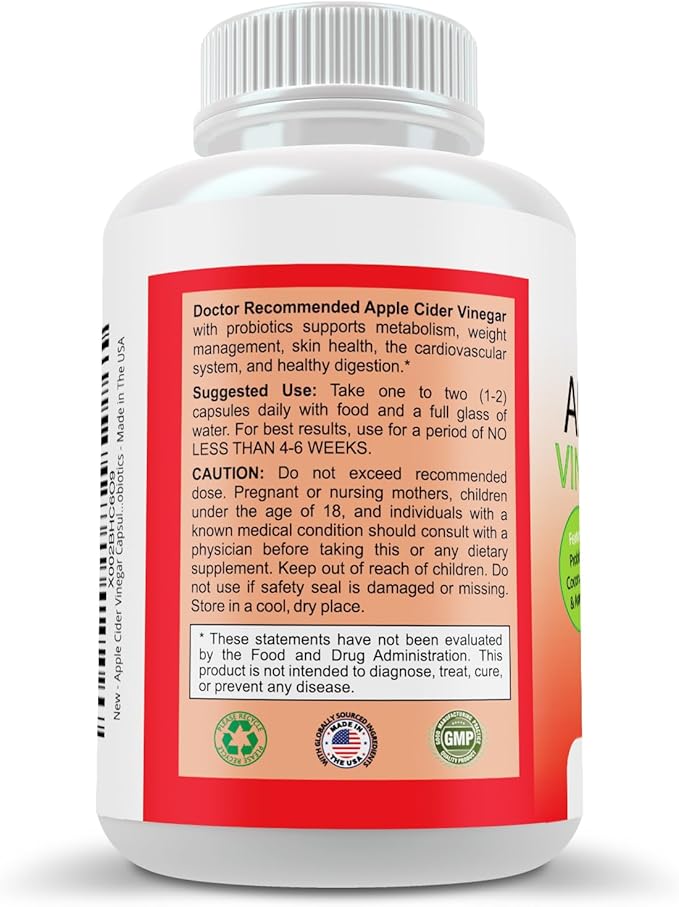 Apple Cider Vinegar Capsules - 100% Organic Apple Cider Vinegar Pills 1500 mg - Natural Digestion, Immune Booster Support & Cleansing Supplement with Probiotics - Made in The USA