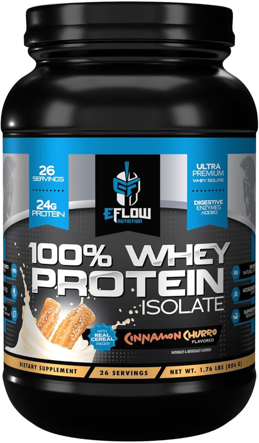 eFlow Nutrition 100% Whey Protein Isolate - Lactose-Free Digestive Enzymes Added, Low Carb, Post Workout Shake, Fast Digesting for Optimal Muscle Recovery - Cinnamon Churro (26 Servings)