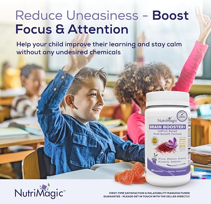 Brain Booster+ 30mg Pure Saffron Extract Gummies & Multivitamin D3, B6, B12, Zinc, Supports Kids Focus, Memory, Attention & Mood Balance - Promotes Brain Health Support, 60x Non-GMO Gummy