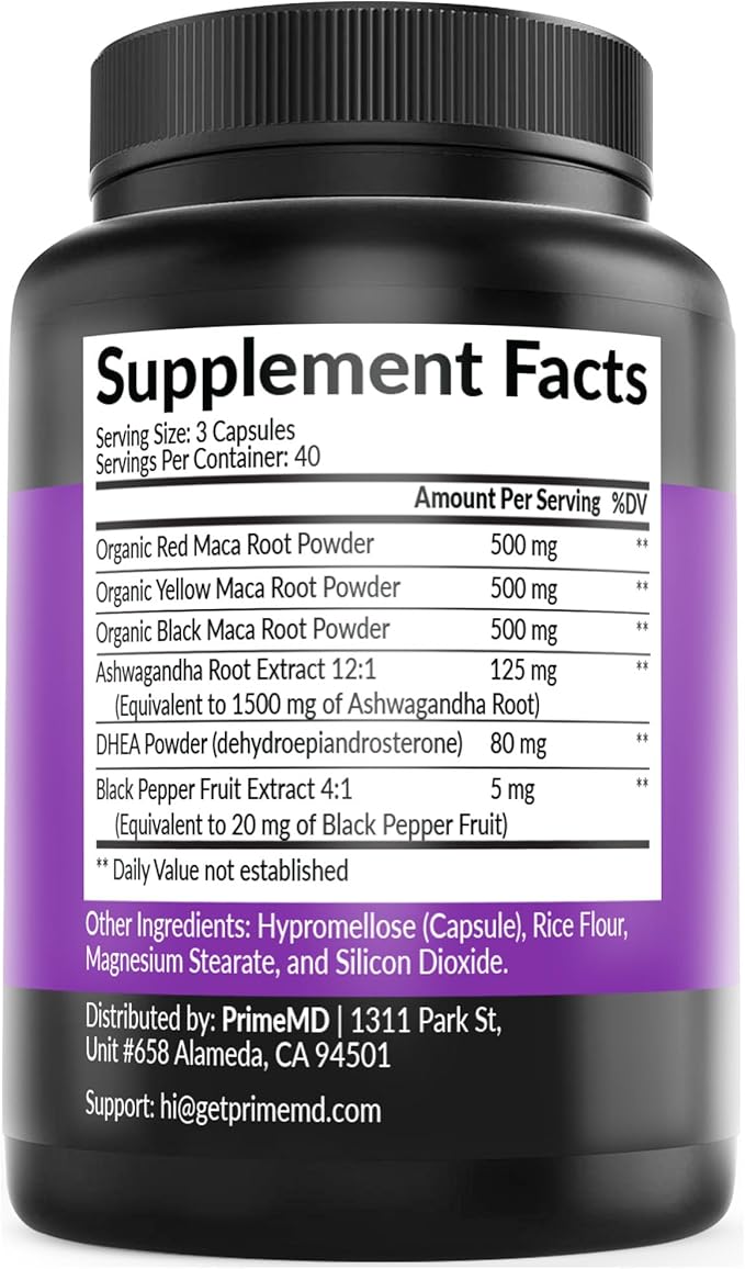 6-in-1 Organic Maca Root Ashwagandha Capsules 1710mg with DHEA and Black Pepper Fruit Extract for Women and Men - Black Maca Supplement for Stamina, Bone and Mood Support Supplement, 120 count