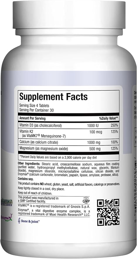 Calcium with Vitamin D3, K2 and Magnesium - Overall Health Supplement for Strong Bones and Teeth, Muscle Function, Immune Support - Vitamin D Vitamin K Enhanced Absorption for Women & Men, 120 Tablets