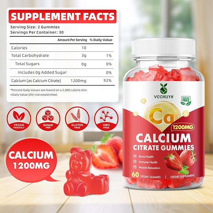 Calcium Citrate Gummies 1200mg, Chewable Calcium Supplements for Women & Men, Sugar Free Calcium Gummies for Bone, Muscle & Immune Support, Strawberry Flavor 60 Count
