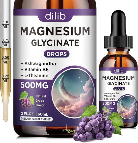 Magnesium Glycinate Liquid Drops 500mg, with Vitamin B6, Ashwagandha, L - Theanine, Chamomile, Magnesium Glycinate Supplement High Absorption for Sleep, Stress, Energy, Mood - Grape Flavor, 2 FL.OZ
