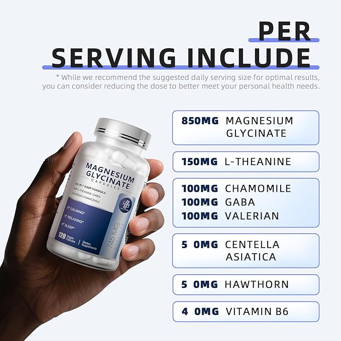 Magnesium Glycinate 850mg Capsules with L-Theanine, Chamomile & GABA for Sleep, Calmness, Muscle, Bone Health & Immune Support, Magnesium for Women and Men, Vegan, High-Absorption, 120 Count
