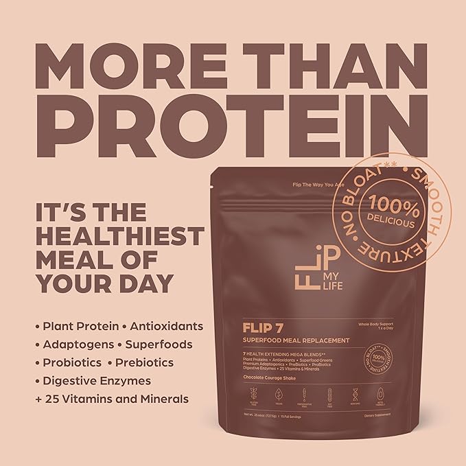 Flip 7 Natural SuperFood, Plant-Based Protein, Complete Meal Replacement to Support Healthy Gut, 7 Mega Nutrient Rich Blends all in one to AGE BETTER - Chocolate