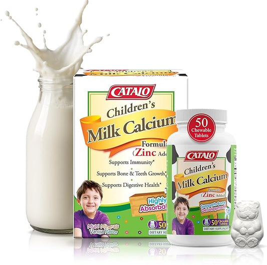 CATALO Children's Milk Calcium Formula with Zinc - 50 Bear-Shaped Chewable Tablets, Supports Bone Growth & Teeth Development, TruCal Calcium, Vanilla Flavor