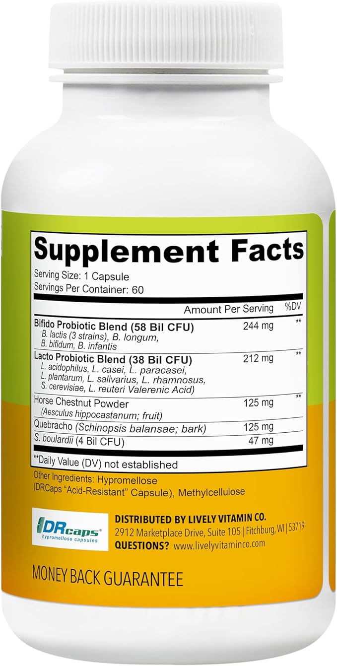 LIVELY VITAMIN CO. Great Guts Probiotic - 100 Billion CFU Probiotic - Balance Gut Microbiome, GI Tract, Inflammation, Indigestion, Reflux, Upset Stomach, & Diarrhea - 60 Caps