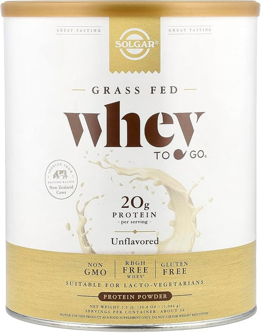 Solgar Grass Fed Whey to Go Protein Powder Unflavored, 2.3 lbs - 20g of Grass-Fed Protein from New Zealand Cows - Great Tasting & Mixes Easily - Supports Strength & Recovery - Non-GMO, 36 Servings