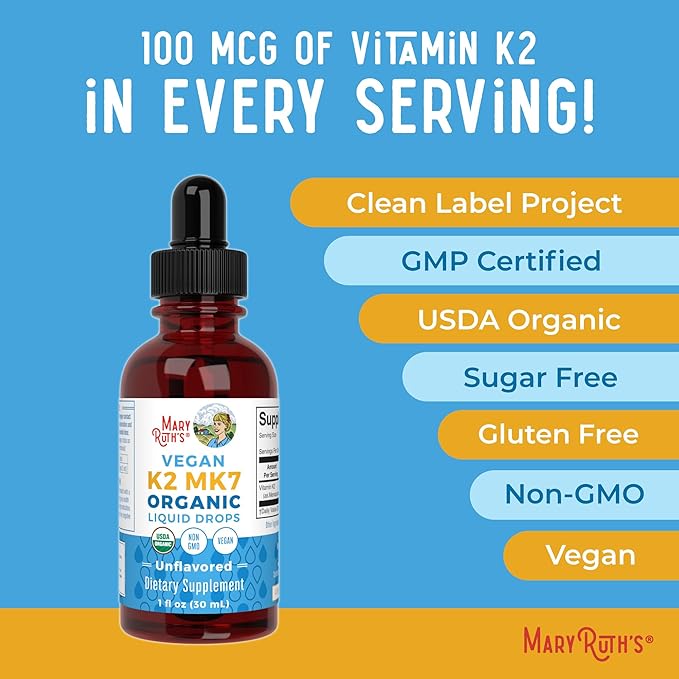 MaryRuth Organics USDA Organic Vitamin K2 MCT Liquid Drops for Adults & Kids | 100 mcg K2 MK7 per serving + Organic MCT Oil | Vegan K2 Vitamin for Bone Health | Heart Health | Calcium Absorption | 1oz