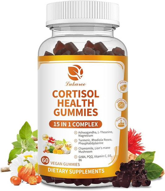 15-in-1 Cortisol Supplements for Women & Men, Calm Cortisol Gummies with Ashwagandha, Magnesium, L-theanine, GABA, Phosphatidylserine, Vitamin C, D3, B6 for Mood, Sleep, Focus Support - Vegan, 1 Pack