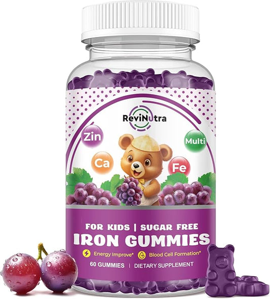 Iron Supplement Gummies for Kids - with Calcium, Zinc, Kids Multivitamin with Iron Gummies - Immune Support, Blood Builder & Energy Support for Iron Deficiency, Anemia, Vegan - 60 Gummies Grape Flavor