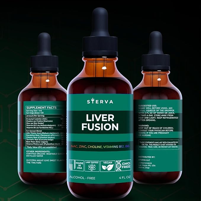 Liver Fusion Liquid Supplement - NAC, Choline, Zinc, Vitamins B12, B6 - Milk Thistle, Dandelion Tincture - Liver Detox and Repair - Silymarin Supplement - Drops - (4 Fl Oz)