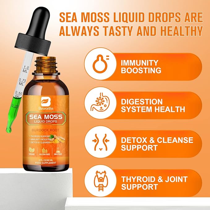 Sea Moss Liquid Drops - Organic Irish Sea Moss Raw Gel with Burdock Root, Tumeric, Spirulina, Seamoss Gel Supplement for Immune, Joint, Digestive Support - 2 Fl Oz, Vegan