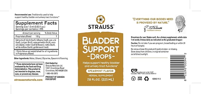 Strauss Naturals Bladder Support Drops Natural Supplements for Urinary System Support, Gluten-Free, Soy-Free, and Non-GMO, 7.6 fl oz.