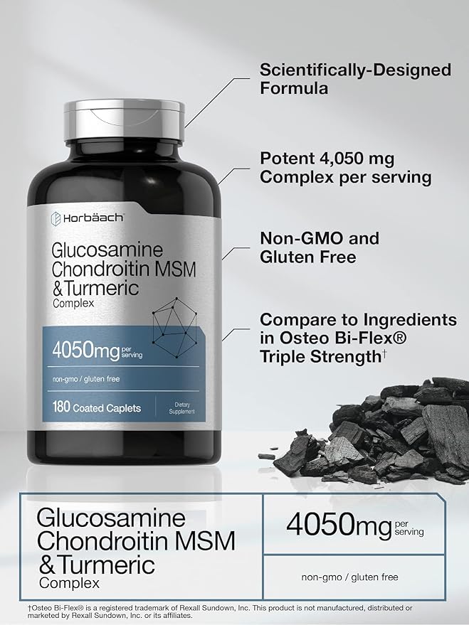 Horbäach Glucosamine Chondroitin with Turmeric & MSM | 4050 mg | 180 Caplets | Triple Strength Formula | Non-GMO, Gluten Free