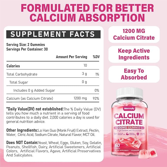 Calcium Citrate Gummies 1200 mg for Adults: Ultimate Absorption Calcium Supplement for Women & Men - Easy to Digest, Vegan - Supports B0ne Strength, Muscle, Immune