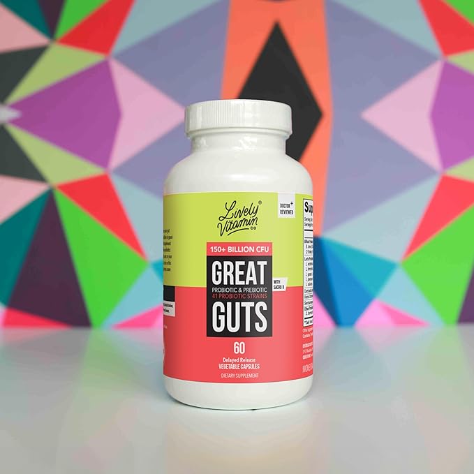 LIVELY VITAMIN CO. Great Guts Probiotic - 150 Billion CFU Probiotic - Balance Gut Microbiome, GI Tract, Inflammation, Indigestion, Reflux, Upset Stomach, & Diarrhea - 60 Caps
