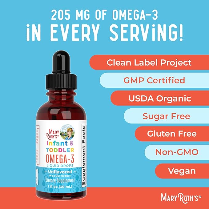 MaryRuth Organics Infant and Toddler Omega-3 Liquid Drops by | 200mg DHA and 2mg EPA Per Serving | Overall Wellness and Healthy Development | Unflavored | 1 Fl Oz