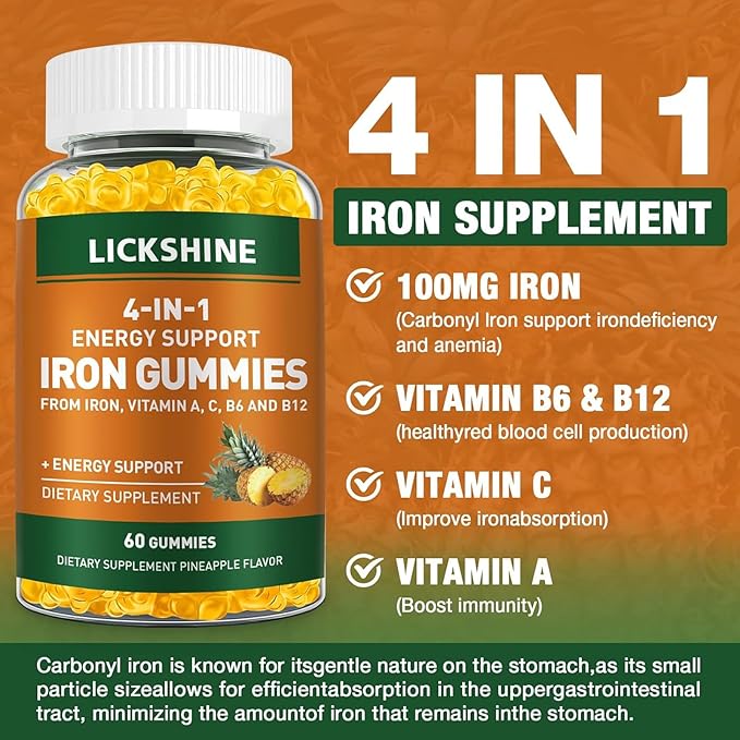2 Pack Vegan 100MG Iron Supplement Gummies for Women & Men - with Vitamin C, A, B for Adults & Kids - Energy Support for Iron Deficiency, Anemia - Peach Flavor (120 Ct)