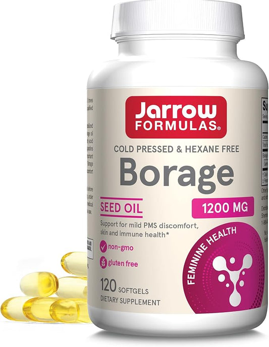Jarrow Formulas Borage 1200 mg - 120 Softgels - Source of GLA - Borage Oil Supplement - For Skin Health & Immune System Support, Mild PMS Discomfort Support - Up to 120 Servings