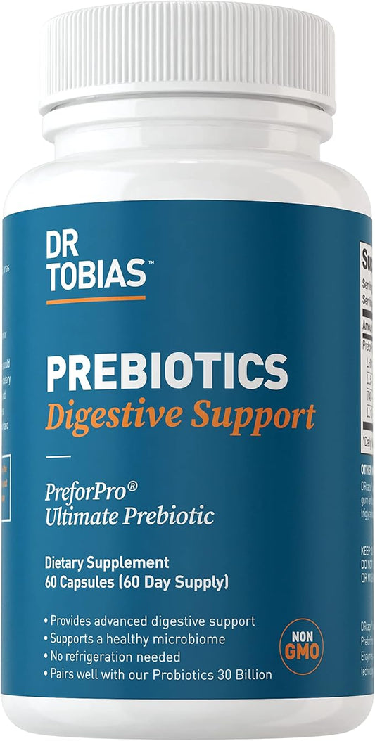 Dr. Tobias Prebiotics Digestive Support, Advanced Prebiotic Supplement for Gut Health, Immune Function & Boost for Probiotics for Women & Men, Vegan, Non-GMO, 60 Capsules, 60 Servings