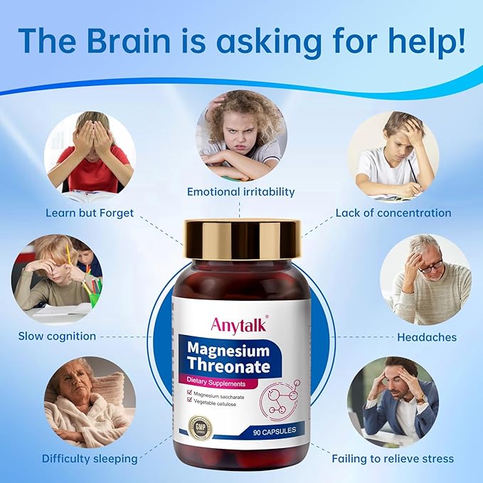 Magnesium L-Threonate, Brain Supplements for Memory and Focus, Sleep and Anxiety for Kids & Adults (90 Capsules)