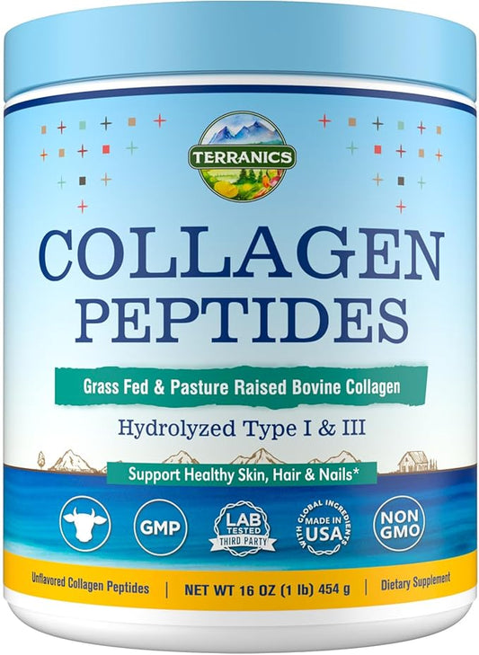 Terranics Hydrolyzed Collagen Peptides Powder, Grass Fed & Pasture Raised Bovine, Type I & III Collagen for Women, No Sugar, No Hormones, Keto, Beauty Support, Easy Mixing, Unflavored, 16oz
