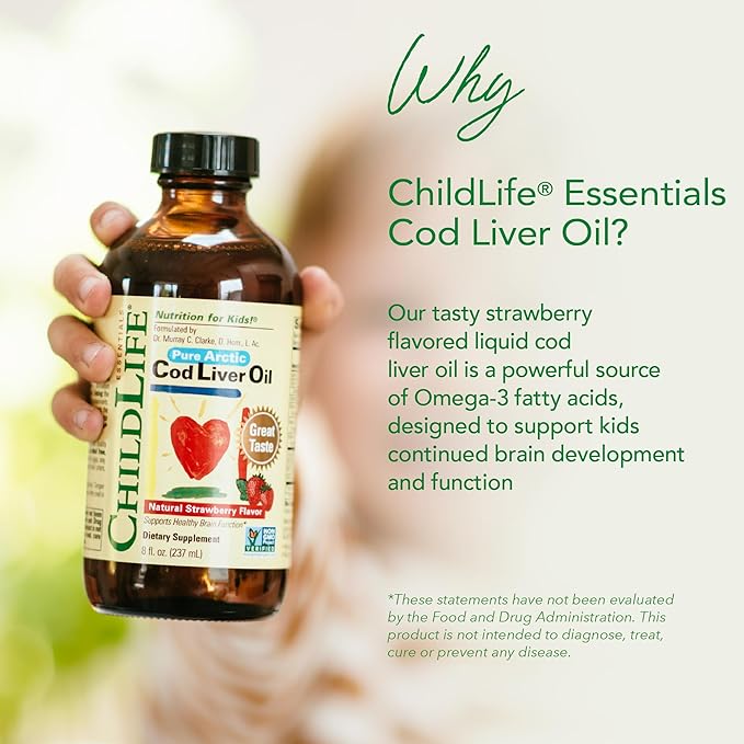CHILDLIFE Essentials Cod Liver Oil for Kids - Liquid, Arctic Cod Liver Oil for Babies 6+ Months, Toddlers, & Children, Added DHA, EPA, Omega-3 Fatty Acids - Strawberry, 8 fl oz