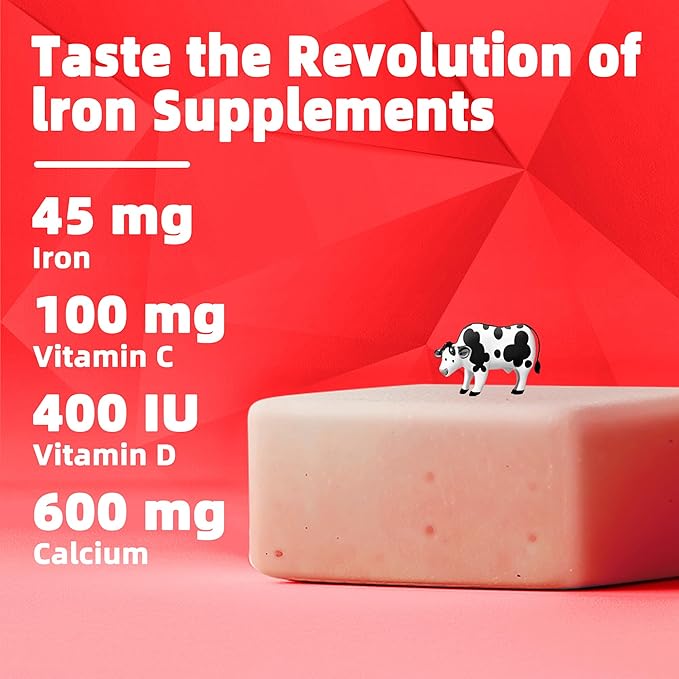 Iron Supplement Chews with Vitamin C for Women Men and Kids, Natural Vegan Iron Soft Chew with Vitamin B6,B12,D, Calcium & Zinc - Energy Support, 60 Strawberry SoftChews,2 Month Supply