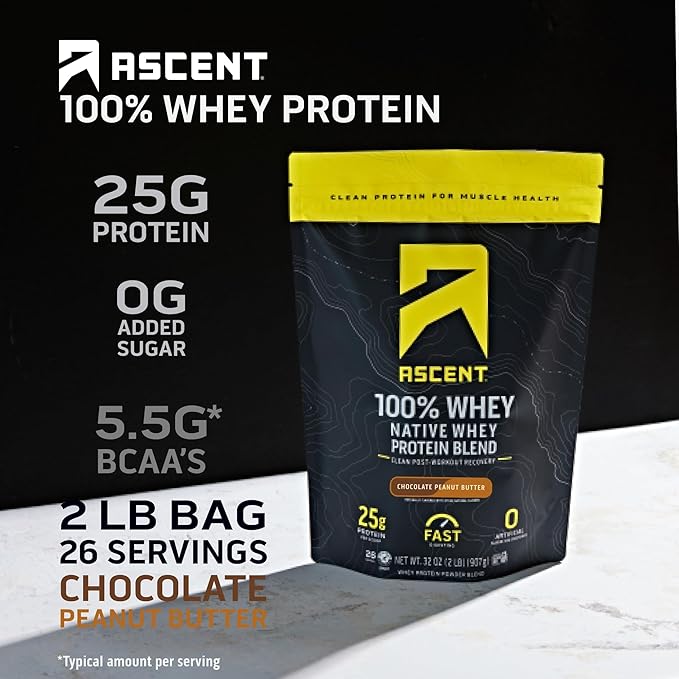 Ascent 100% Whey Protein Powder - Post Workout Whey Protein Isolate, Zero Artificial Flavors & Sweeteners, Gluten Free, 5.5g BCAA, 2.6g Leucine, Essential Amino Acids, Chocolate Peanut Butter 2 lb
