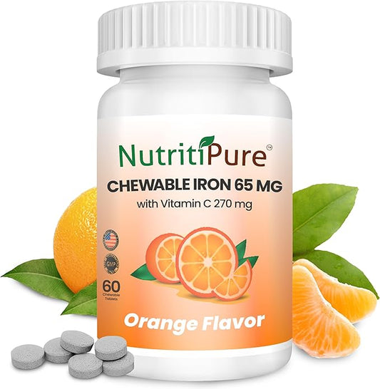 Chewable Iron 65 mg with Vitamin C 270 mg (for Women/Men) |60 Days Supply | - Orange Flavor 60 Count