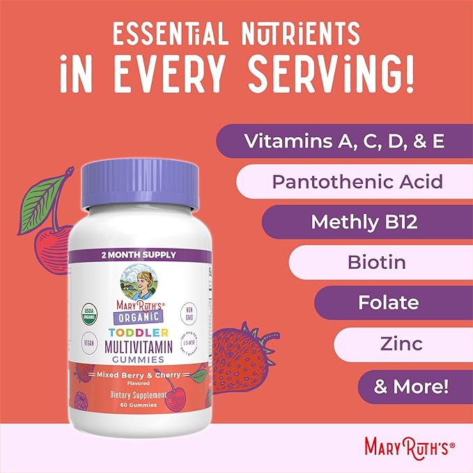 MaryRuth Organics Vitamin Gummy | Kids and Toddlers Age 2+ | USDA | Daily Vitamin C | D3 | Zinc | Mixed Berry and Cherry | 2 Month Supply