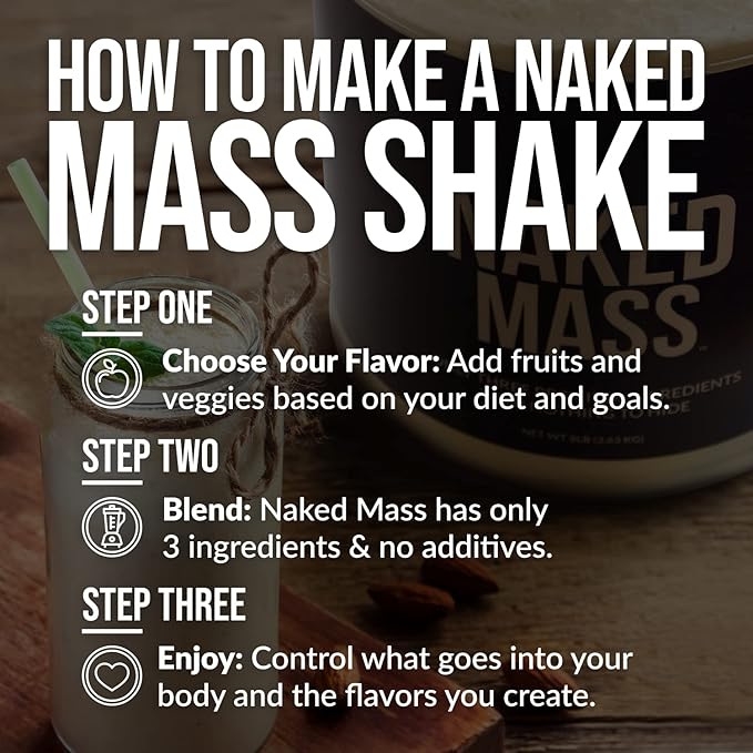 Naked Mass - Natural Weight Gainer Protein Powder - 8 LB Bulk, GMO Free, Gluten Free & Soy Free. No Artificial Ingredients - 1,250 Calories per Serving