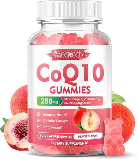 CoQ10 Gummies 250mg, Coenzyme Q10 Supplements Plus Omega-3, Vitamin B6 & Zinc, High Absorption CoQ10 Supplement for Cellular Energy & Antioxidant Support, Vegan, Peach Flavor, 60 Count